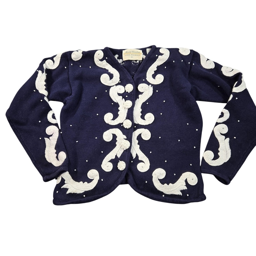 Vintage Marisa Christina Sweater Cardigan Womens Small Blue Beaded Embroidered
